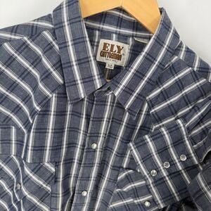 Ely Cattleman Mens XL Plaid Pearl Snap Western L/S Shirt Blue White VTG Cowboy